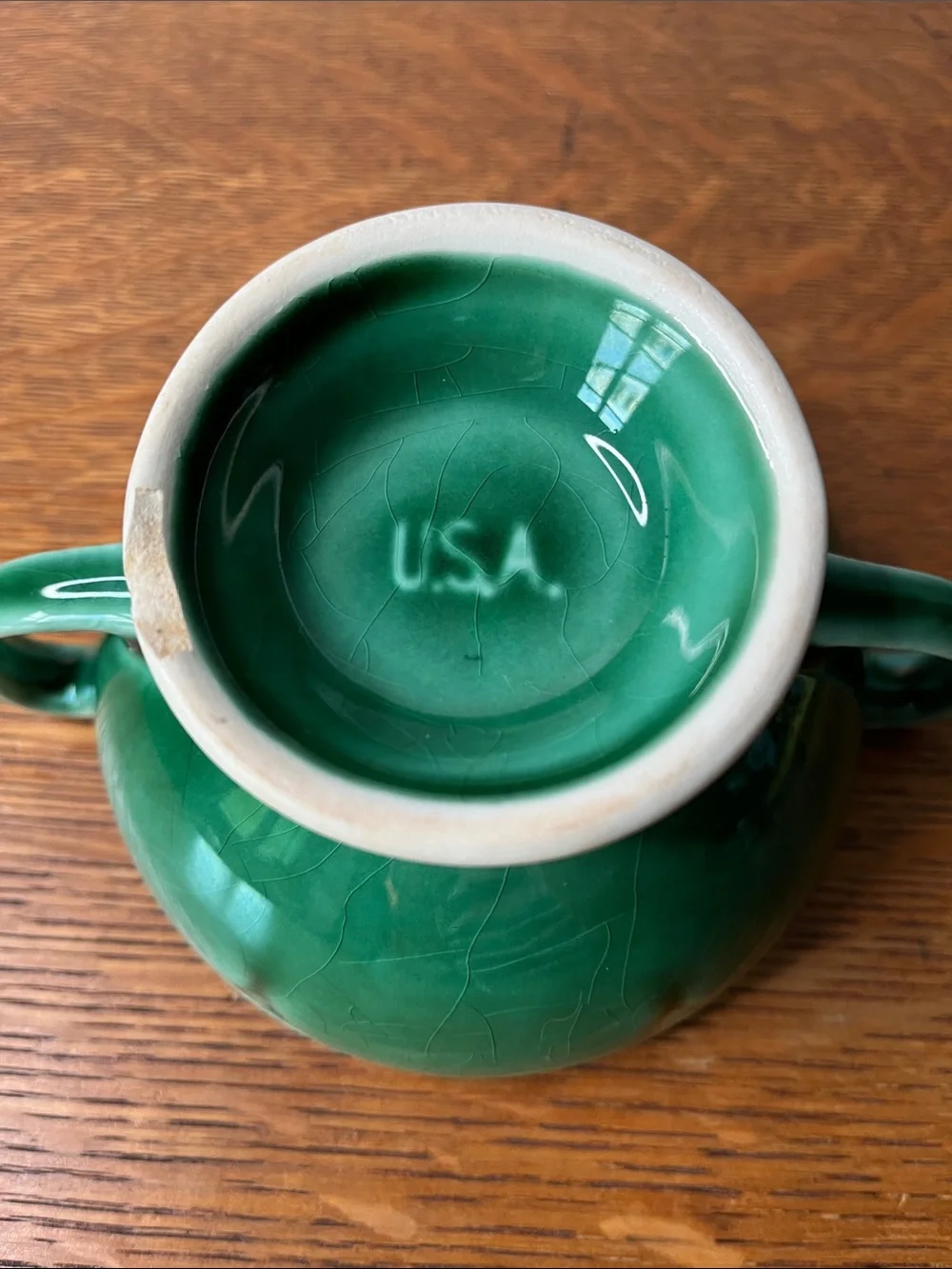 Vintage USA Green Pottery Covered Sugar Bowl. Emerald Glaze  Pedestal Candy Dish